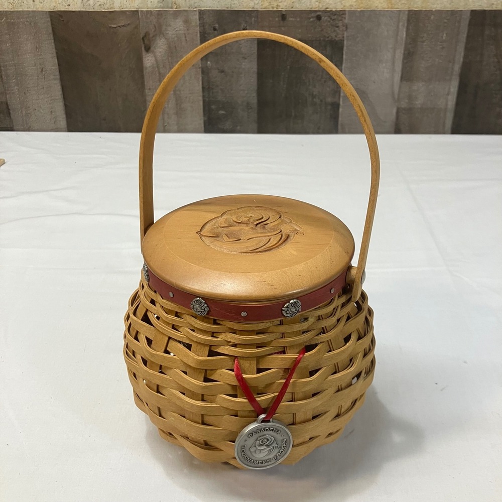 Longaberger 2004 Pasadena Tournament of Roses Basket Carved Lid Handwoven Rustic